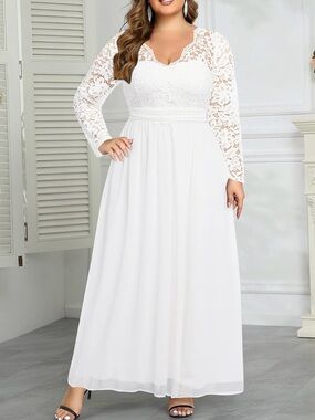 Talisea Wedding Plus Size 14W Formal  Bridal Long Sleeve Lace Chiffon Maxi Dress